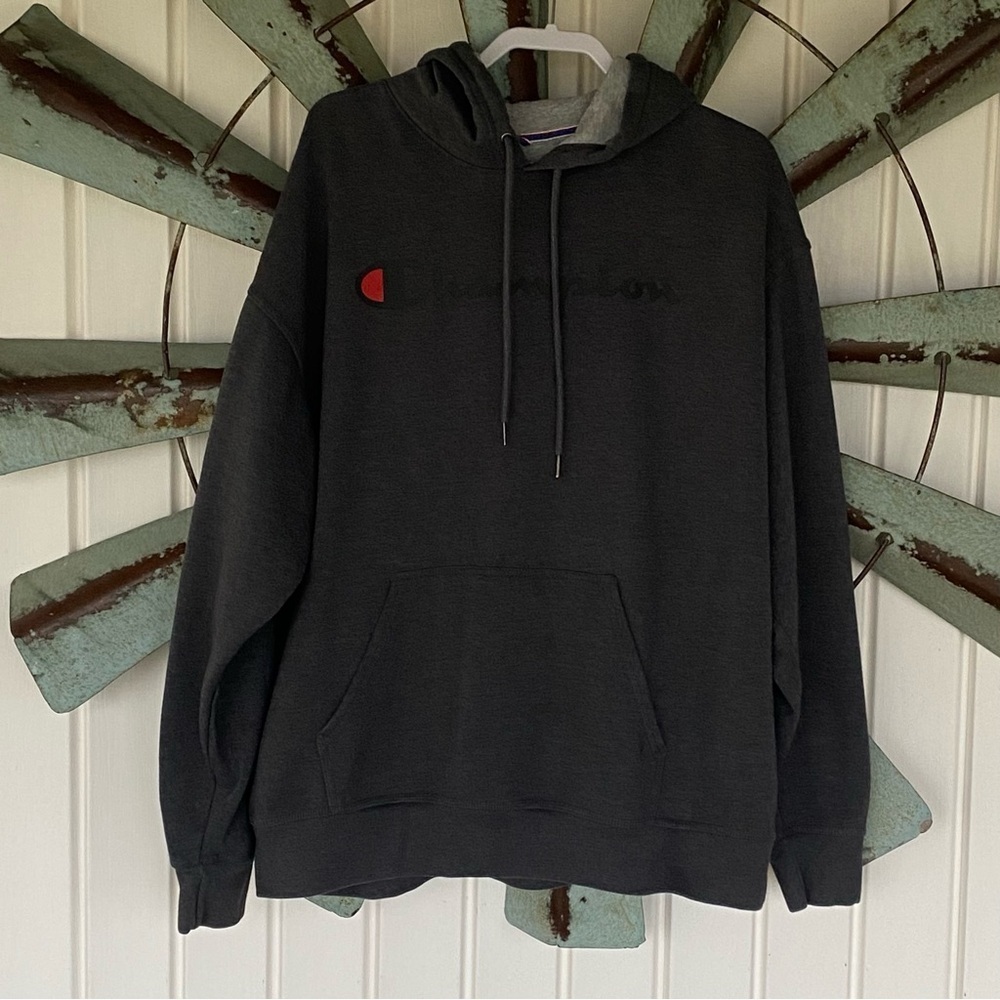 Champion Hoodie Mens Heather Gray Spellout Logo Pullover Sweatshirt Size 2XL